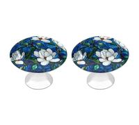 Jubonexis Perillas redondas de vitral con diseño de flores blancas y hojas verdes en azul con tornillos, 2 piezas, pomos de cajón para tocador, decoración para armario, hogar, oficina, cocina