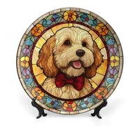 Jubonexis Platos decorativos de porcelana china con soporte, vitrales redondos Happy Cavapoo para cocina, comedor, gabinete de vino, 8 pulgadas
