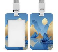 Jubonexis Porta tarjetas de identificación con diseño de paisaje azul con diseño de montaña y agua, con clip retráctil, protector de tarjetas, placa de nombre, para trabajo, oficina, médico, enfermera