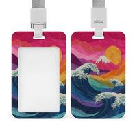 Jubonexis Portatarjetas de identificación de montaña japonesa con diseño de olas artísticas coloridas con clip retráctil, protector de tarjetas, placa de nombre, para trabajo, oficina, médico