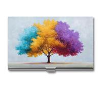 Jubonexis Portatarjetas de visita con diseño de árbol colorido, azul, amarillo, morado, bolsillo delgado, de metal, para mujeres y hombres
