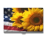 Jubonexis Portatarjetas de visita con diseño de girasoles de bandera estadounidense, bolsillo delgado de metal para mujeres y hombres