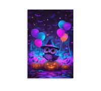 Jubonexis Póster de pared con diseño de búho y sombrero de bruja de Halloween, calabazas, lienzo impreso, imagen estética para sala de estar, decoración de granja, 30 x 45 cm