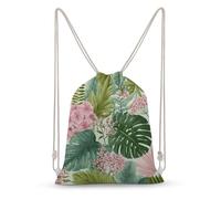 Jubonexis Rainforest - Mochila de lona con cordón y diseño floral de helechos de Monstera con flores rosas, bolsa de cuerda ligera para deportes para hombres y mujeres