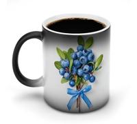 Jubonexis Ramo de arándanos atado con lazo azul que cambia de color, taza de café de cerámica que cambia de calor, novedosa taza de té y agua, 325 ml
