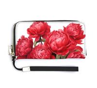 Jubonexis Red Peonies in A Wooden Bucket - Cartera larga plegable de piel sintética, monedero, funda para tarjetas de crédito, almacenamiento de dinero duradero para mujeres y hombres