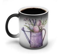 Jubonexis Regadera morada con flores y huevos de Pascua, tazas que cambian de color, taza de café de cerámica que cambia de calor, novedosa taza de té y agua, 11 onzas