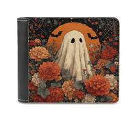 Jubonexis Sábana de cama de dibujos animados, diseño de fantasmas y flores bohemias, cartera plegable de piel sintética suave, monedero, funda para tarjetas de crédito, tarjetero duradero, billetera