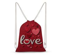 Jubonexis Simple Word Love Heart on Red Fabric Drawstring Backpack Canvas String Bag Lightweight Sports Gym Bag for Men Women