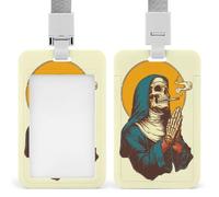 Jubonexis Soporte para tarjetas de identificación con diseño de esqueleto de monja rezando y manos rezando, con clip retráctil, protector de tarjetas, placa de nombre, para trabajo, oficina, médico