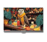 Jubonexis Soporte para tarjetas de visita con diseño de búho, diseño de gafas vintage posadas en un carrito de bar, bolsillo delgado de metal, para mujeres y hombres
