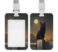 Jubonexis Soporte retráctil para tarjetas de identificación con diseño de gato negro en la valla de madera vieja con diseño de luna para el trabajo, oficina, médico, enfermera