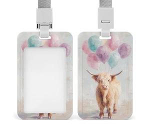 Jubonexis Soporte retráctil para tarjetas de identificación con diseño de vaca de las Tierras Altas con globos pastel, protector de tarjetas, placa de nombre, para trabajo, oficina, médico, enfermera
