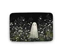 Jubonexis Tapete para puerta de baño, diseño de fantasma en un campo de flores silvestres blancas, tapete de terciopelo coral extra suave, absorción rápida de agua, antideslizante, cómodo, 15.7 x 23.6