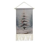 Jubonexis Tapiz de pared de lino, diseño vintage de pino viejo en la nieve de invierno, póster vintage para colgar en la pared con borla y barra de madera