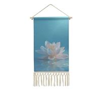 Jubonexis Tapiz de pared de lino, flor de loto blanco sobre el agua, póster vintage para colgar en la pared con borla y barra de madera