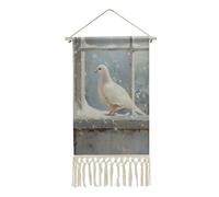 Jubonexis Tapiz de pared de lino, paloma blanca vintage en el alféizar de la ventana viejo, póster vintage para colgar en la pared con borla y barra de madera para colgar