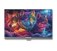 Jubonexis Tarjetero de 3 lobos mágicos de colores neón para tarjetas de visita, bolsillo delgado de metal para mujeres y hombres