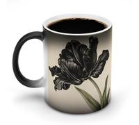 Jubonexis Taza de café de cerámica con diseño botánico vintage de tulipán negro que cambia de color, taza de café novedosa divertida taza de té y agua, 11 onzas