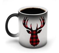 Jubonexis Taza de café de cerámica con diseño de cabeza de ciervo a cuadros rojos y negros que cambia de color, taza de café novedosa y divertida taza de té, 325 ml