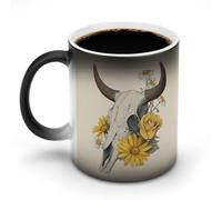 Jubonexis Taza de café de cerámica con diseño de calavera de toro con margaritas amarillas que cambian de color, taza de café novedosa divertida taza de té y agua, 11 onzas
