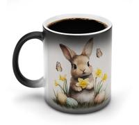 Jubonexis Taza de café de cerámica con diseño de conejito con narcisos, flores silvestres, mariposas que cambian de color, taza de café de cerámica que cambia de calor, taza de té y agua, 325 ml