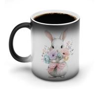 Jubonexis Taza de café de cerámica con diseño de conejito de flores coloridas con un lazo rosa que cambia de color, taza de café novedosa divertida taza de té y agua, 11 onzas
