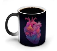Jubonexis Taza de café de cerámica con diseño de corazón humano con un bosque mágico que cambia de color, taza de café novedosa divertida taza de té y agua, 11 onzas
