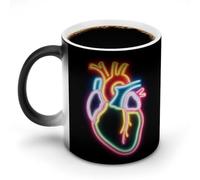 Jubonexis Taza de café de cerámica con diseño de corazón humano de neón, rojo, naranja, amarillo, verde, que cambia de color, taza de café novedosa y divertida taza de té, 11 onzas