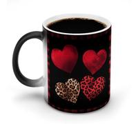 Jubonexis Taza de café de cerámica con diseño de corazones rojos y leopardo con borde a cuadros que cambian de color, taza de café novedosa divertida taza de té y agua, 325 ml