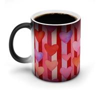 Jubonexis Taza de café de cerámica con diseño de corazones rosados y rojos con rayas que cambian de color, taza de café de cerámica que cambia de calor, novedosa taza de té y agua, 325 ml