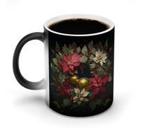 Jubonexis Taza de café de cerámica con diseño de corona de flores de pascua con hojas de acebo que cambian de color, taza de café novedosa divertida taza de té y agua, 325 ml