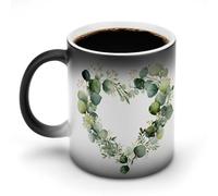 Jubonexis Taza de café de cerámica con diseño de corona floral de acuarela, hojas de eucalipto, en forma de corazón, cambia de color, taza de café novedosa divertida taza de té y agua, 325 ml