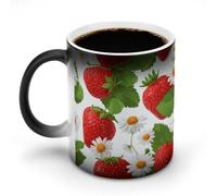 Jubonexis Taza de café de cerámica con diseño de fresas rojas, pequeñas margaritas blancas que cambian de color, taza de café novedosa divertida taza de té y agua, 11 onzas