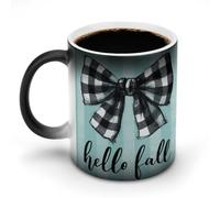 Jubonexis Taza de café de cerámica con diseño de lazo a cuadros en blanco y negro, diseño de Hello Fall que cambia de color, taza de café novedosa divertida taza de té y agua, 325 ml