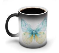 Jubonexis Taza de café de cerámica con diseño de mariposa con alas azul pálido y amarillo limón, que cambia de color, taza de café novedosa divertida taza de té y agua, 325 ml