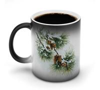 Jubonexis Taza de café de cerámica con diseño de ramas de pino cubiertas de nieve con conos que cambian de color, taza de café novedosa divertida taza de té y agua, 325 ml