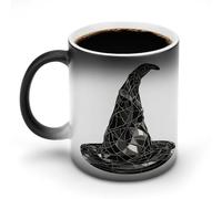 Jubonexis Taza de café de cerámica con diseño de sombrero de bruja primitivo negro con diseño de vitral, cambia de color, taza de café divertida para té y agua, 325 ml