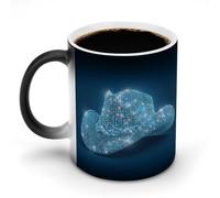 Jubonexis Taza de café de cerámica con diseño de sombrero de vaquero de los años 80 con diamantes de imitación azules que cambian de color, taza de café novedosa divertida taza de té y agua, 11 onzas