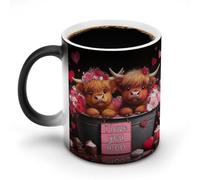 Jubonexis Taza de café de cerámica con diseño de vacas de las Tierras Altas en tina con flores que cambian de color, taza de café de cerámica que cambia de calor, novedosa taza de té y agua, 325 ml