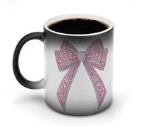Jubonexis Taza de café de cerámica con lazo de coqueta de cristales rosados con cinta que cambia de color, taza de café de cerámica que cambia de calor, novedosa taza de té y agua, 325 ml