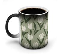 Jubonexis Taza de café de cerámica con patrón de tulipán verde salvia que cambia de color, taza de café novedosa divertida taza de té y agua, 11 onzas
