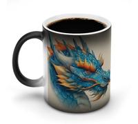 Jubonexis Taza de café de cerámica que cambia de color azul y naranja con diseño de cabeza de dragón chino, taza de café novedosa divertida taza de té y agua, 325 ml