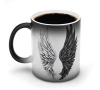 Jubonexis Taza de café de cerámica que cambia de color blanco y negro con alas de ángel, taza de café novedosa divertida taza de té y agua, 325 ml