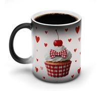 Jubonexis Taza de café de cerámica que cambia de color con diseño de cereza en magdalena para el día de San Valentín, taza de café novedosa divertida taza de té y agua, 325 ml