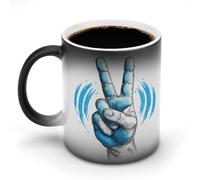 Jubonexis Taza de café de cerámica que cambia de color con la mano haciendo un gesto de paz, taza de café de cerámica novedosa divertida taza de té y agua, 325 ml