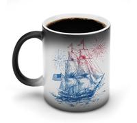 Jubonexis Taza de café de cerámica que cambia de color, diseño de barco de vela con la bandera estadounidense, taza de café divertida y novedosa taza de té, 325 ml