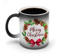 Jubonexis Taza de café de cerámica que cambia de color, diseño de copos de pino, con diseño de "Merry Christmas Hollies", 325 ml