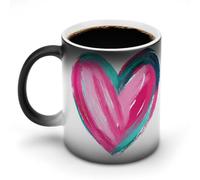 Jubonexis Taza de café de cerámica que cambia de color, diseño de corazón rosa y verde azulado, taza de café novedosa divertida taza de té y agua, 325 ml