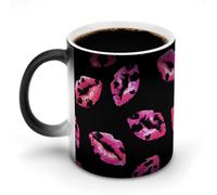 Jubonexis Taza de café de cerámica que cambia de color, diseño de leopardo rosa, con diseño de pintalabios y marcas de beso, taza de café novedosa y divertida, 325 ml